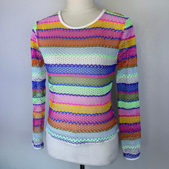 Crochet Rainbow Striped Mesh Long Sleeve Top Women's Multi Color Sheer Festival - Picture 2 of 8